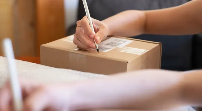 Hands checking and labelling a barcoded parcel at a dispatch bench