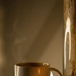 Ceramic mug beside a lit candle